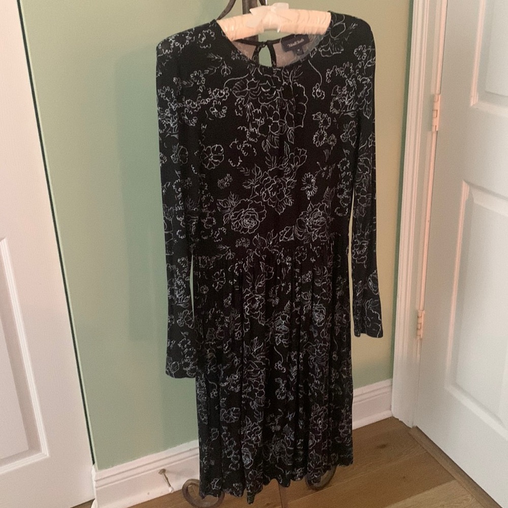 ModCloth long sleeve midi dress, black/white floral